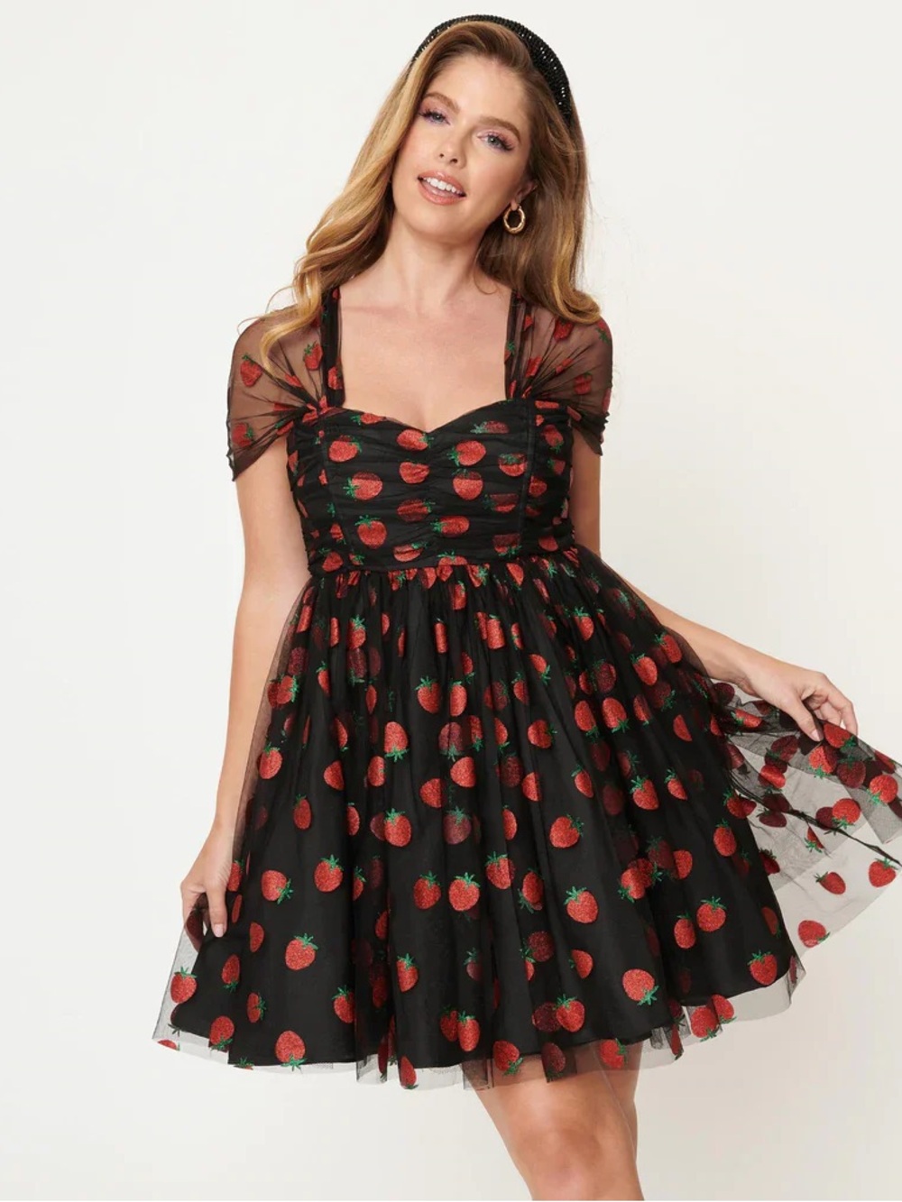 🌞3/$18🌞Unique Vintage XL/14 Heart & Soul Black Glitter Strawberry Print Dress